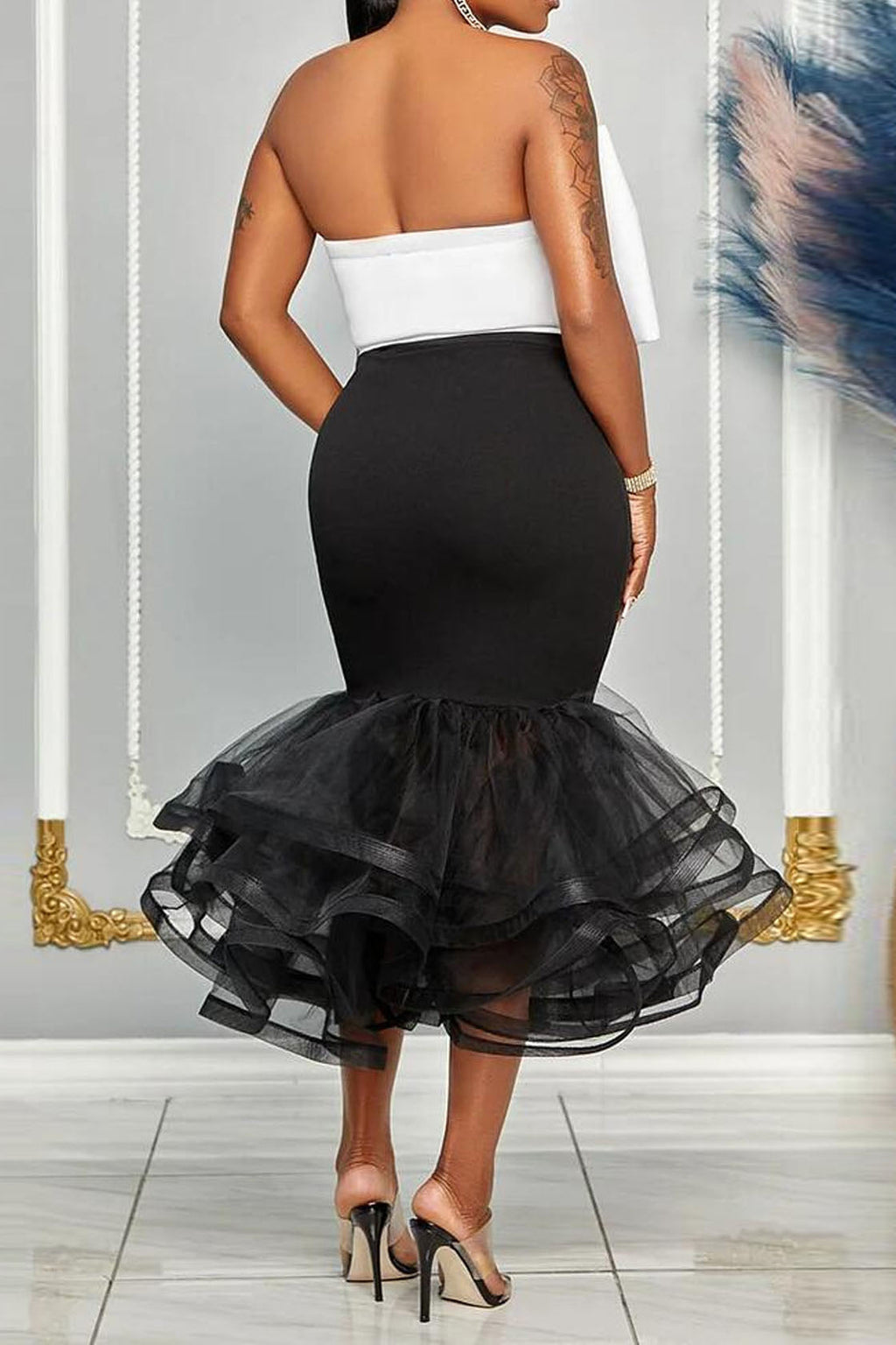 High Waisted Bottom Ruffled Tulle Midi Skirt Sets Lavish Daily