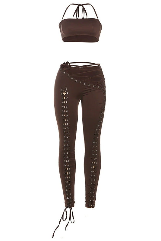 Crop Top and Lace-Up Pants 2-Piece Set Lavish Daily