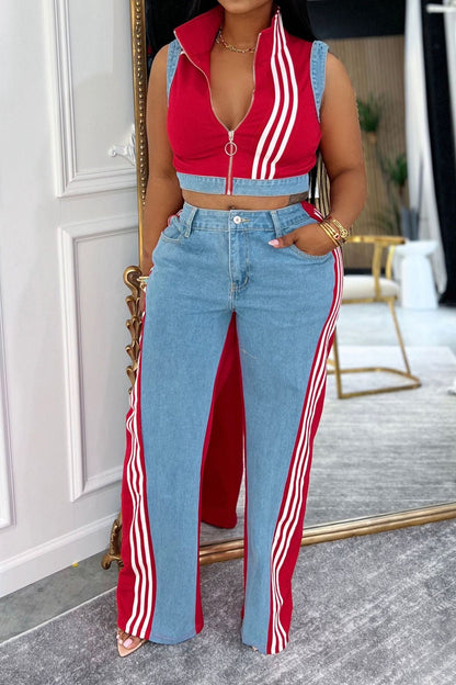 Sporty Striped Denim Crop Vest & Jeans Set Lavish Daily