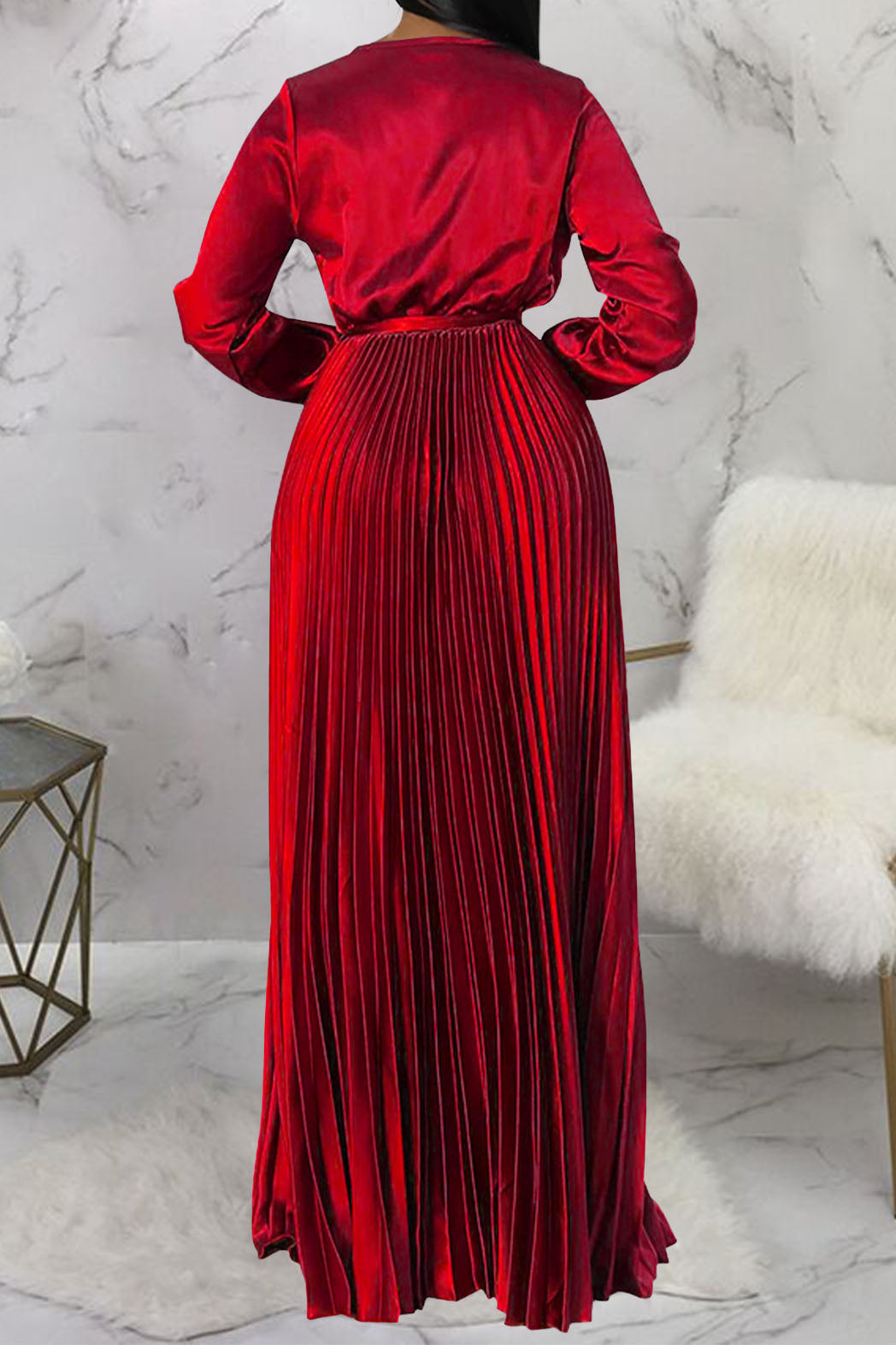 Faux Silk Pleated Tie-Waist Maxi Dress Lavish Daily