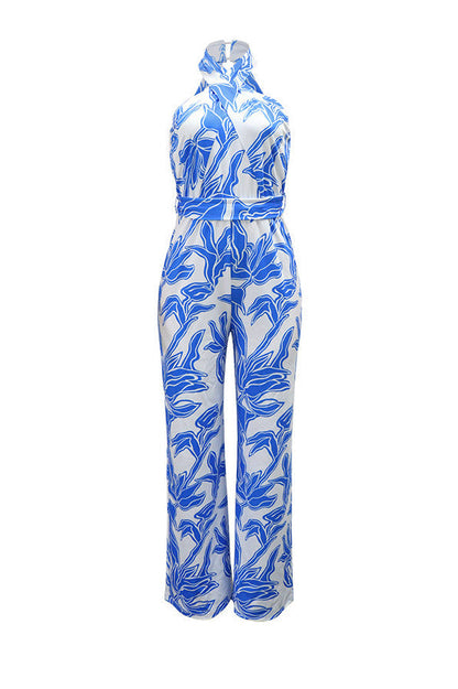 Floral Halter Tie Waist Wide Leg Jumpsuit Lavish Daily