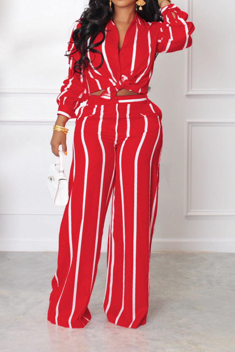 Long Sleeve Loose Printed Striped Shirt Set Lavish Daily