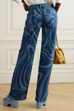 Wave Print Straight Leg Denim Jeans Lavish Daily