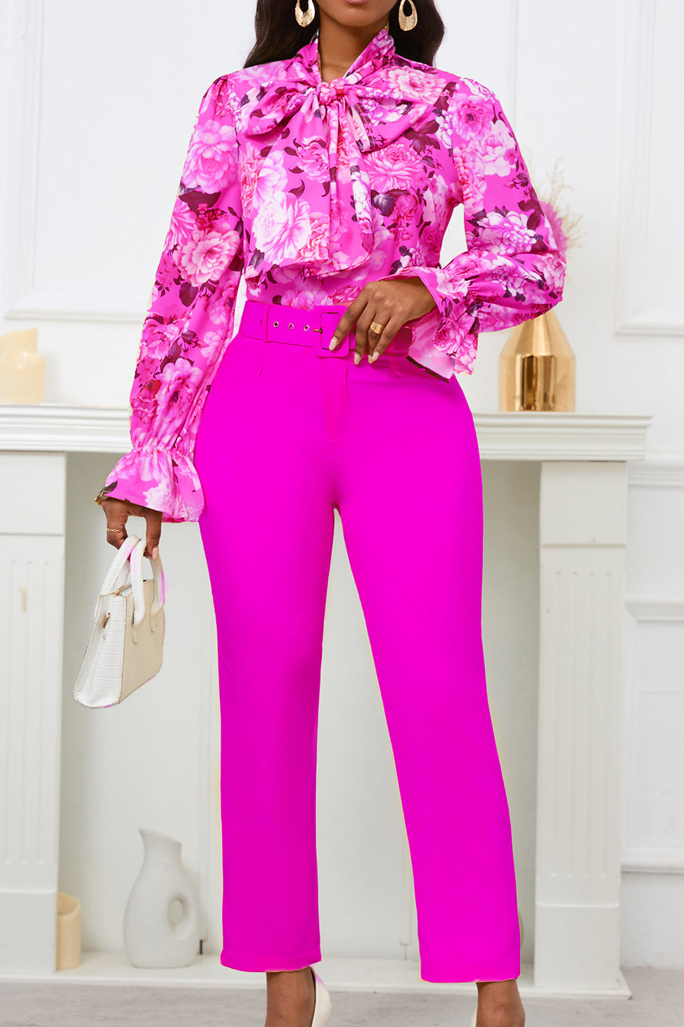 Floral Printing Blouse Solid Color Pants Set Lavish Daily