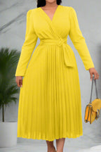V Neck Long Sleeve Pleated Midi Dress Lavish Daily