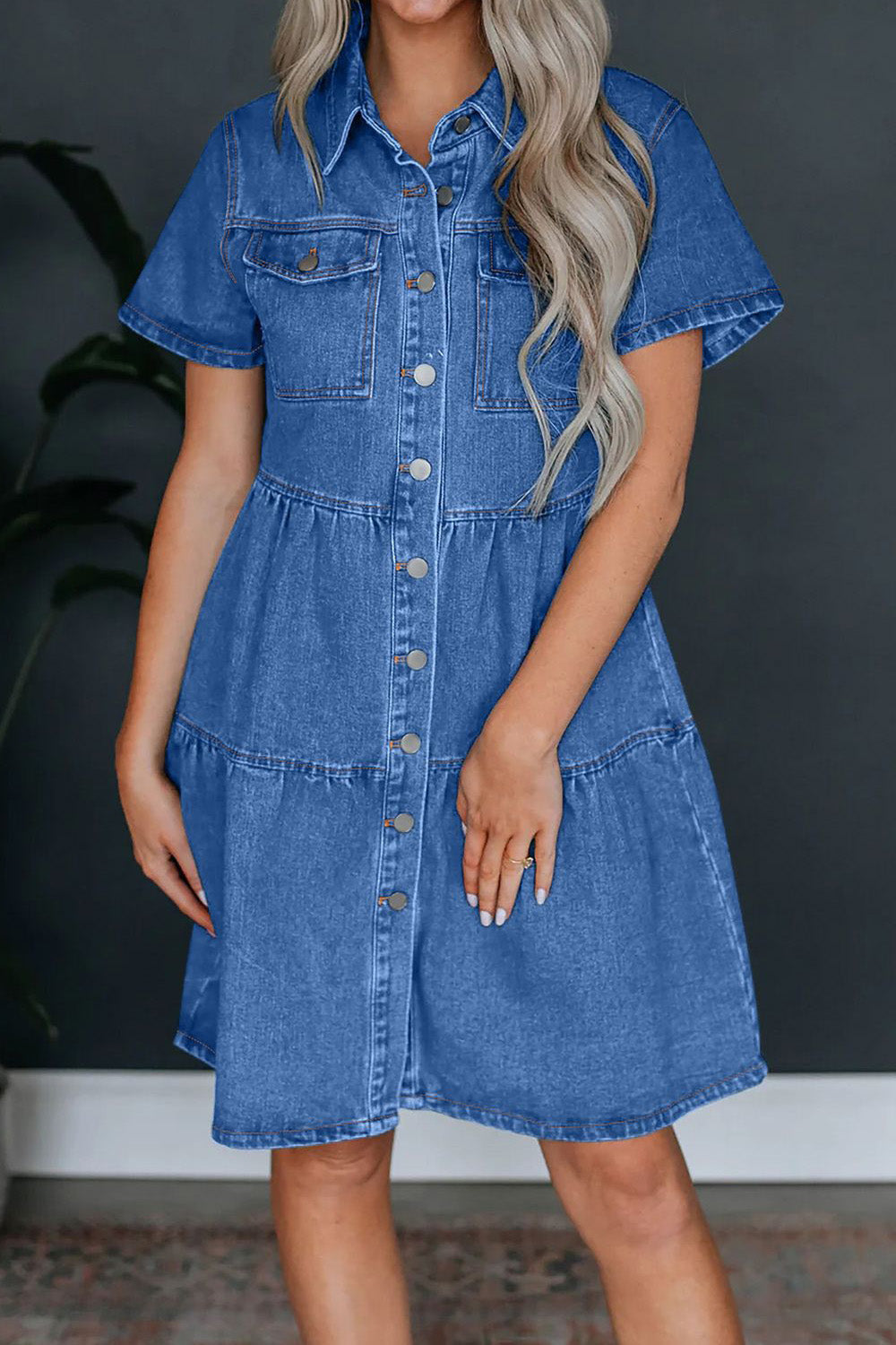 Short Sleeve Button-Up Denim Dress with Pockets Lavish Daily