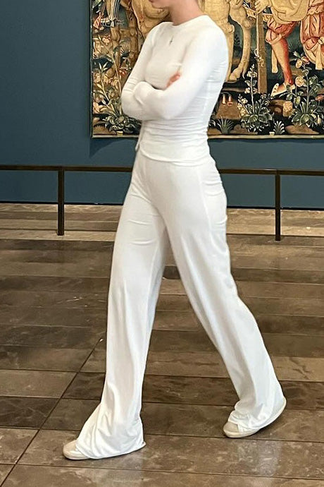 Solid Round-Neck Wide-Leg Lounge Set Lavish Daily