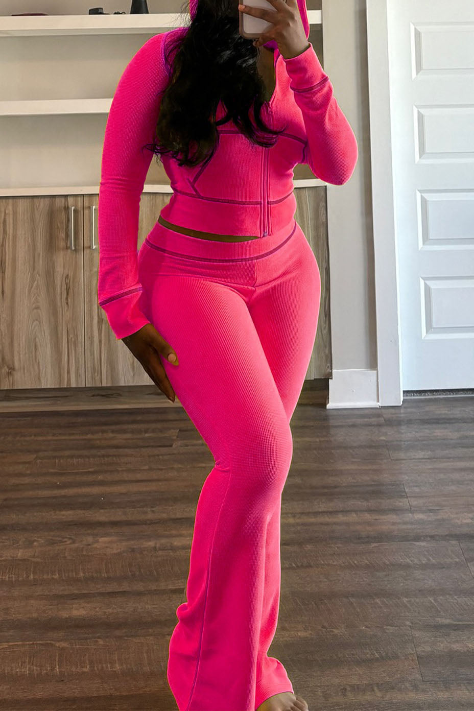 Waffle Sleeve Raglan Hooded Suit Lavish Daily