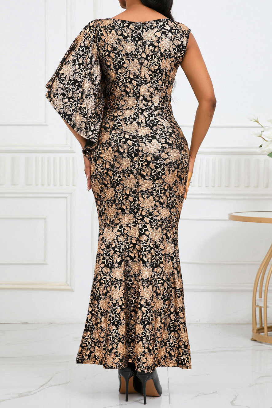 Floral Print Hot Stamping Golden Side Slit Dress Lavish Daily
