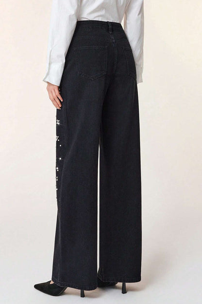 Pearl & Rhinestone Embellished Wide Leg Jeans LavishDaily