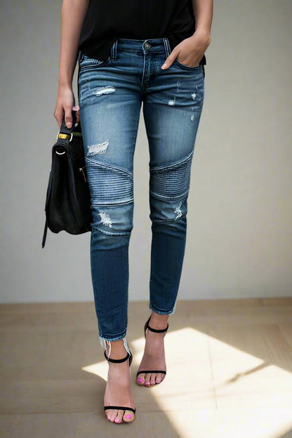 Skinny Ripped Pleated Stretch Denim Jeans Lavish Daily