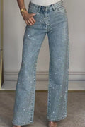 Wide-Leg High-Waist Rhinestone Jeans Lavish Daily