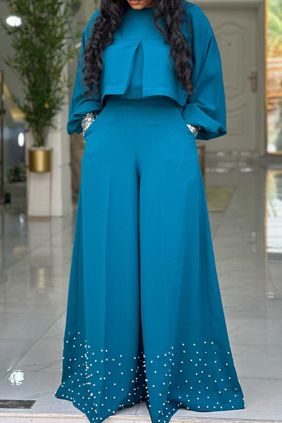 Lantern Sleeve Top & Wide Leg Pants Set Lavish Daily