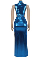 Glossy Side-Slit Mock Neck Maxi Dress Lavish Daily