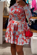 Printed Long Sleeve Top & Pleated Skirt Set Lavish Daily
