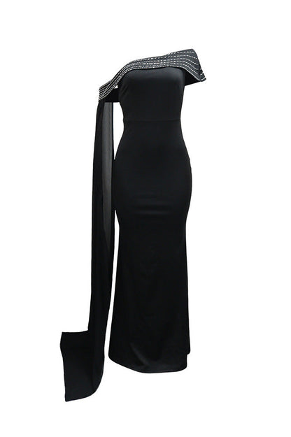Rhinestone Cape One Shoulder Maxi Dress Lavish Daily