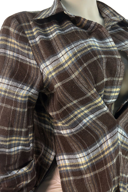 Plaid V-Neck Fold-Sleeve Split Hem Top Lavish Daily