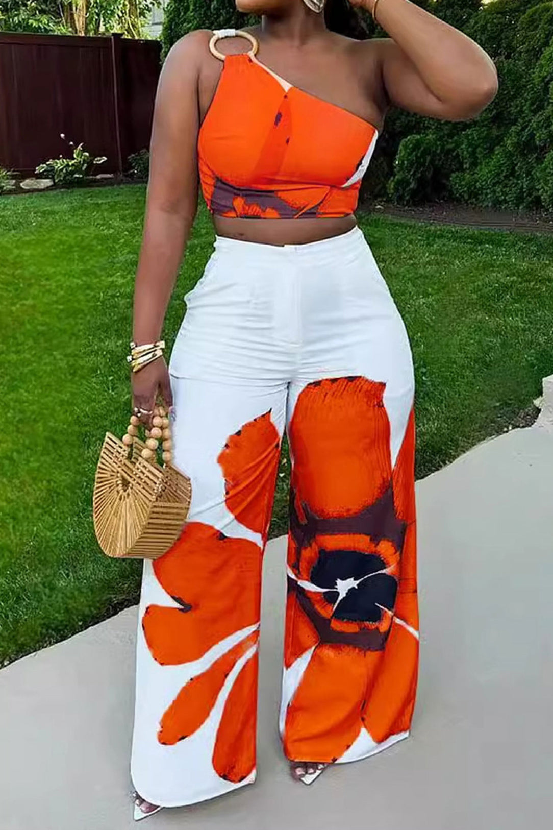 Printed One-Shoulder Top & Wide Leg Pants Set Lavish Daily