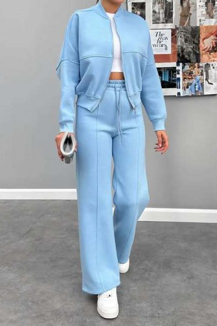 Baseball Collar Full Zip Drawstring Pants Set Lavish Daily