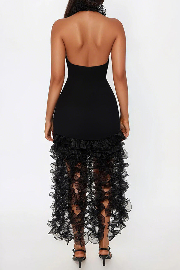 High Neck Cut Out Front Frilly Mini Dress Lavish Daily