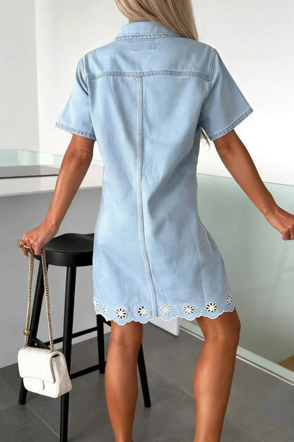 Short Sleeve Floral Eyelet Scalloped Hem Denim Dress Lavish Daily