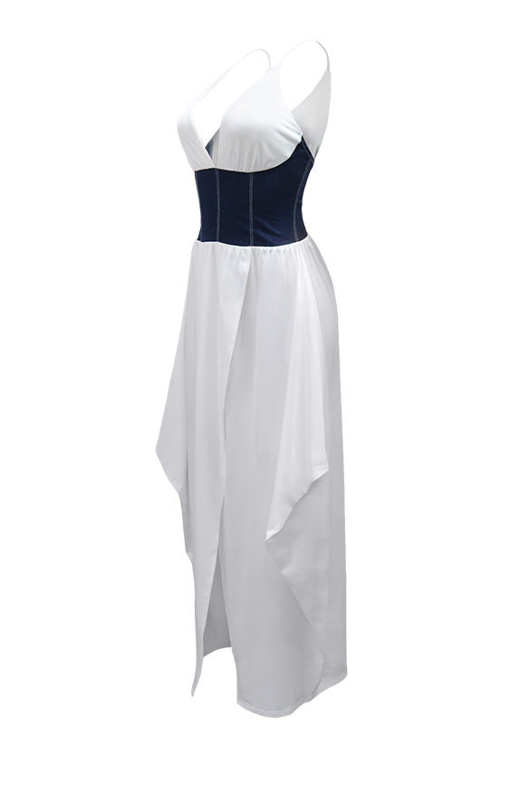 Slim Fit Denim Patchwork Deep V Slit Dress Lavish Daily