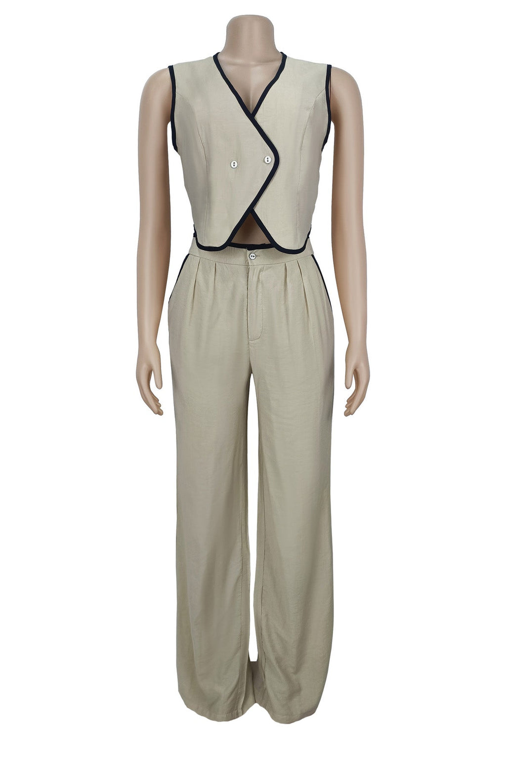 V-Neck Button Top & Pants Two-Piece Set Lavish Daily