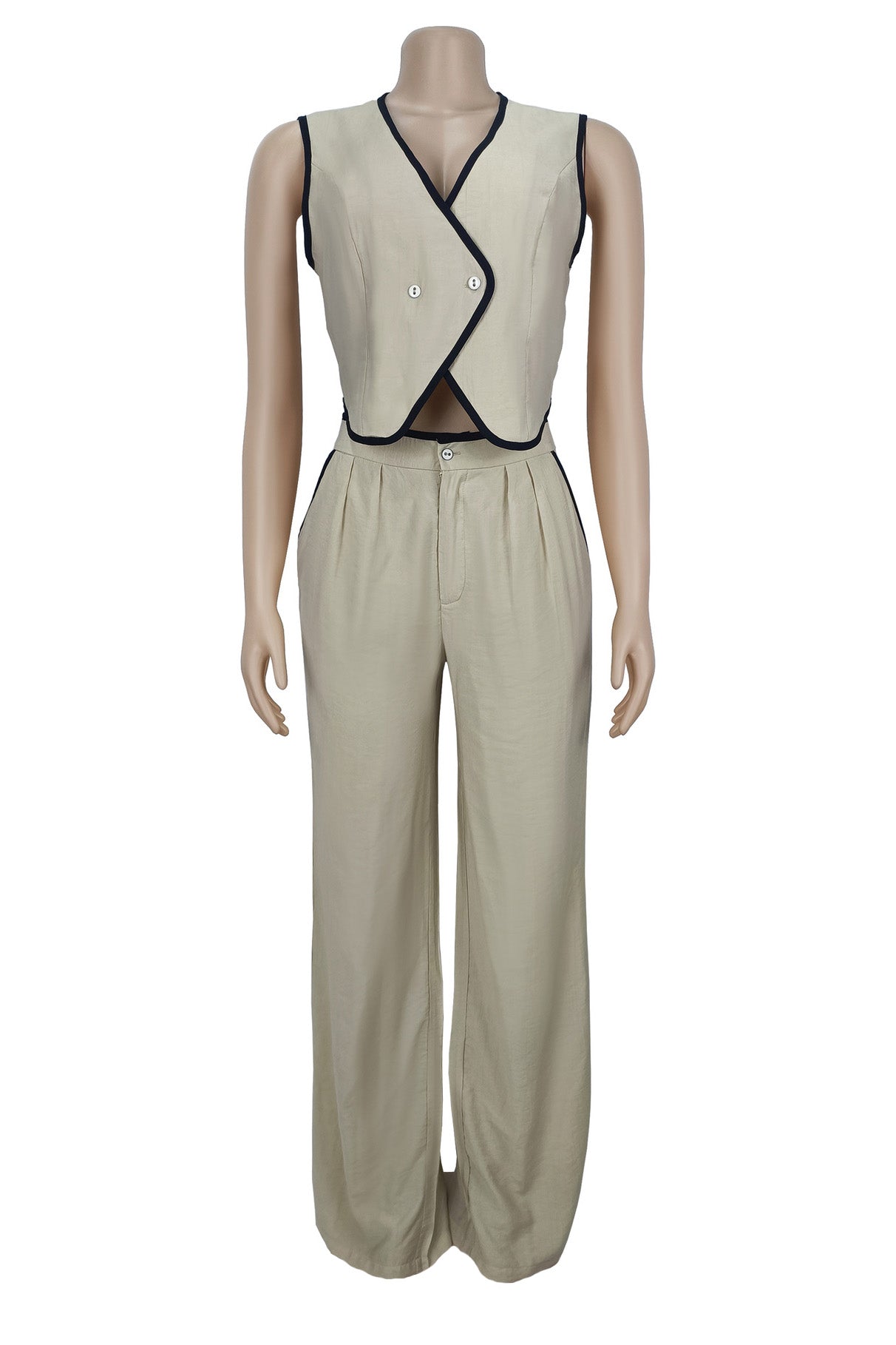 V-Neck Button Top & Pants Two-Piece Set Lavish Daily