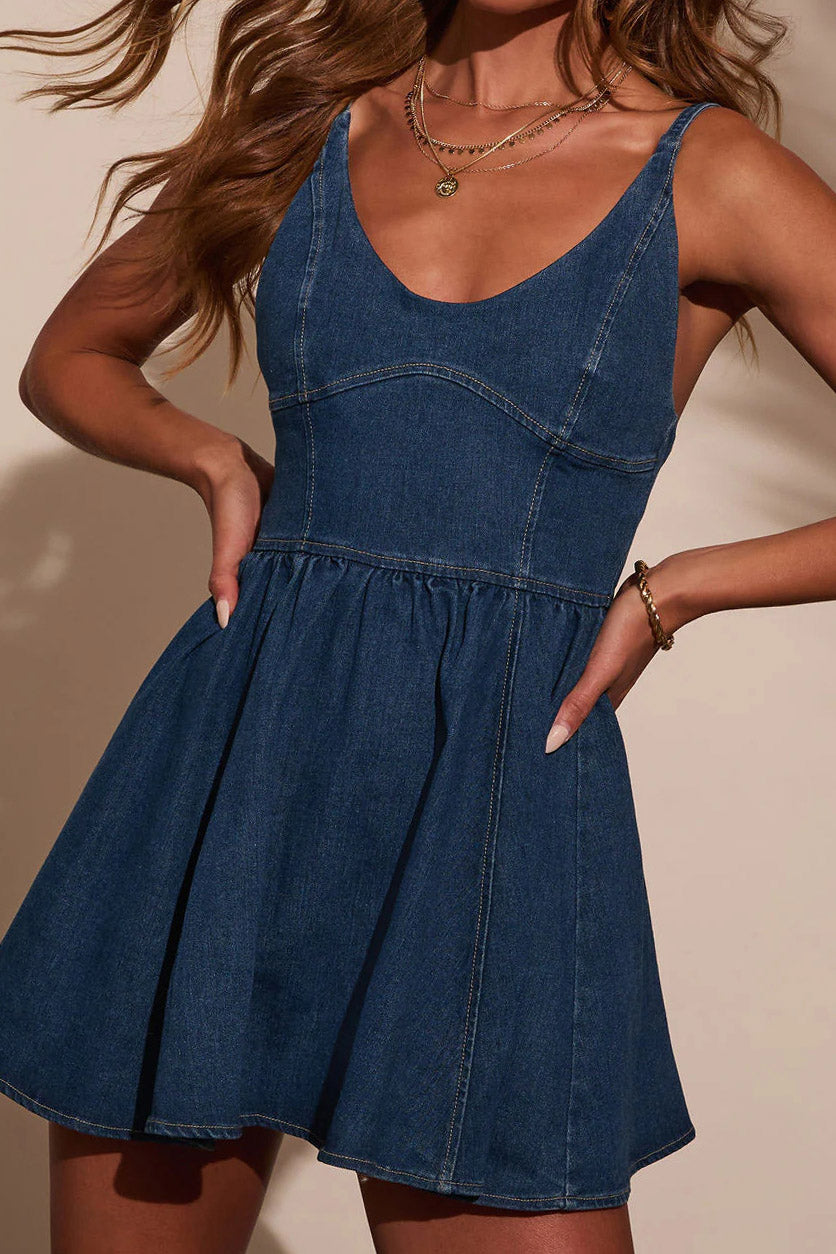 Spaghetti Strap High Waist Denim Flare Dress Lavish Daily