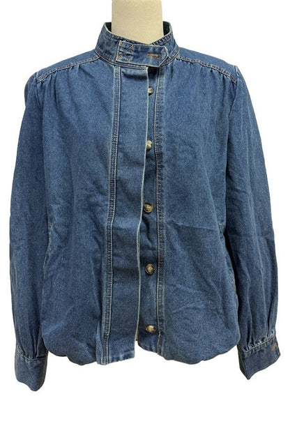 Puff-Sleeve Stand-Collar Denim Jacket Lavish Daily