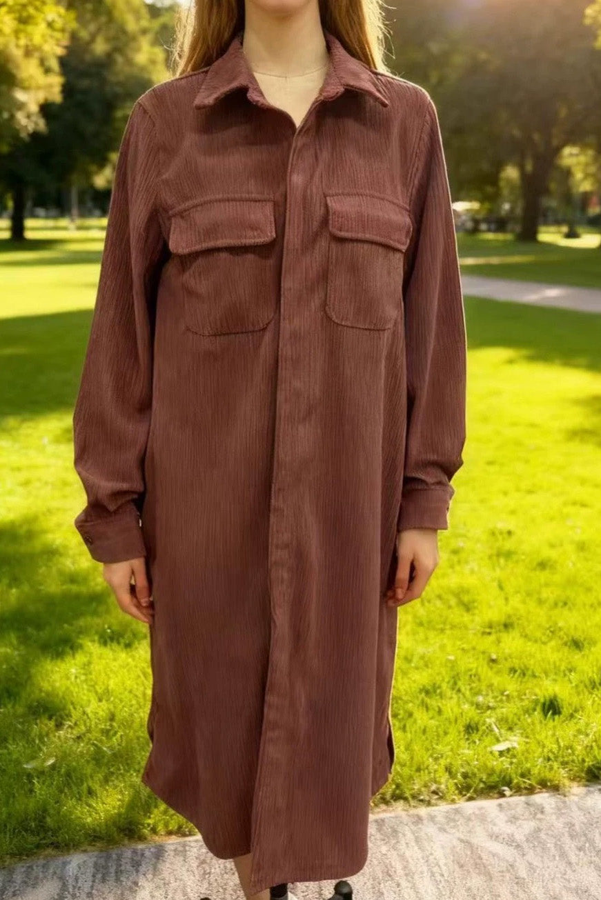 Single Breasted Pocket Shirt Style Midi Dress LavishDaily