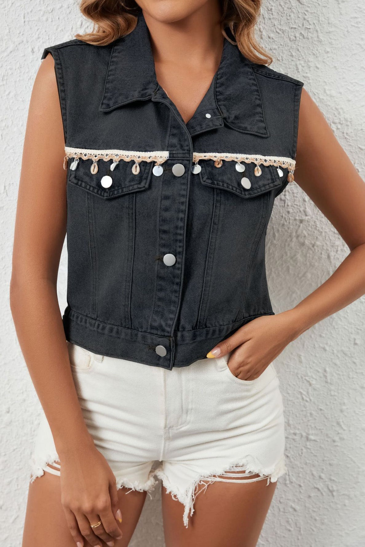 Single-breasted Fringe Denim Vest Lavish Daily