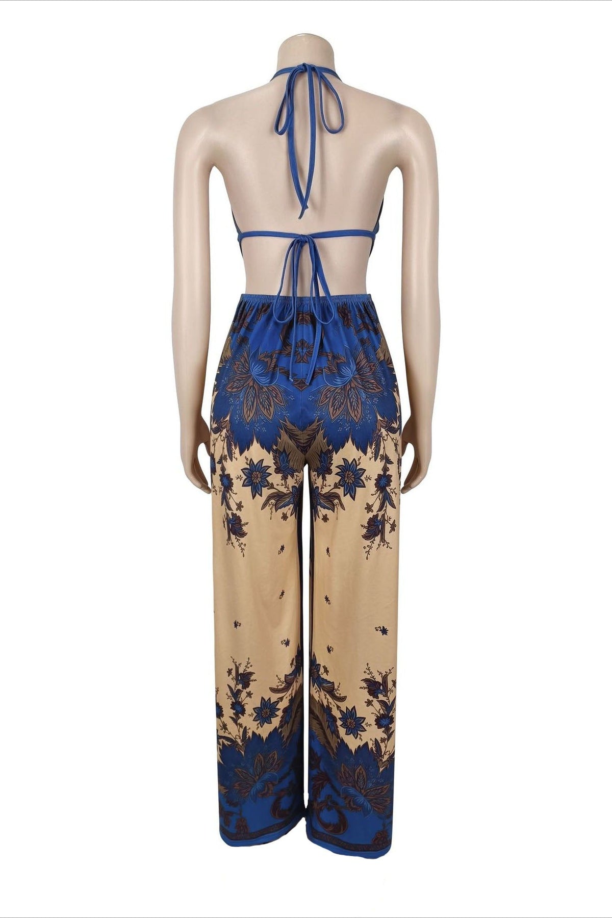 Ornate Print Halter Slit Wide Leg Jumpsuit Lavish Daily