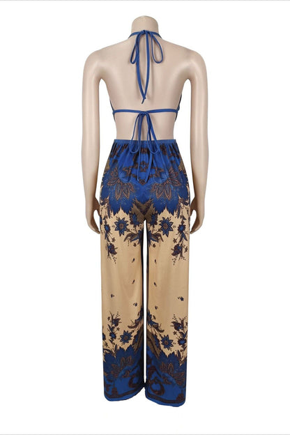 Ornate Print Halter Slit Wide Leg Jumpsuit Lavish Daily