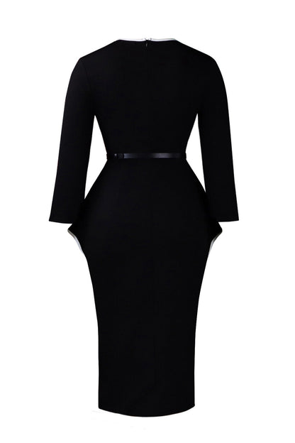 Contrast Trim Belted Peplum Midi Dress Lavish Daily
