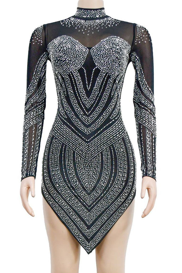 Rhinestone Embellished Sheer Mesh Mini Dress Lavish Daily