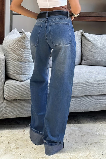 High-Rise Wide-Leg Cuffed Puddle Denim Jeans Lavish Daily