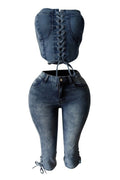 Denim Corset Top Lace-Up & Mid-Thigh Shorts Set Lavish Daily