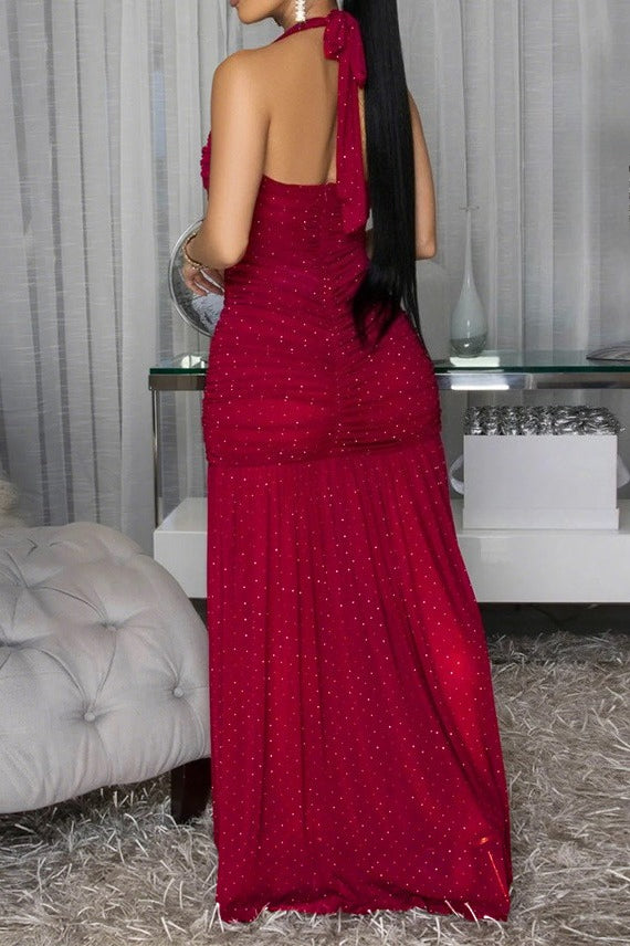 Shimmer Ruched Halter Slit Maxi Gown Lavish Daily