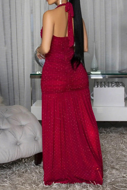 Shimmer Ruched Halter Slit Maxi Gown Lavish Daily