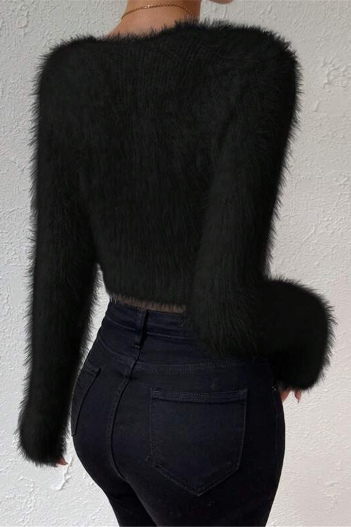V Neck Slim Plush Short Sweater LavishDaily