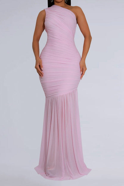 One-Shoulder Ruched Mesh Maxi Dress Lavish Daily