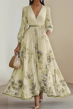 V Neck Floral Long Sleeve A Line Maxi Dress LavishDaily