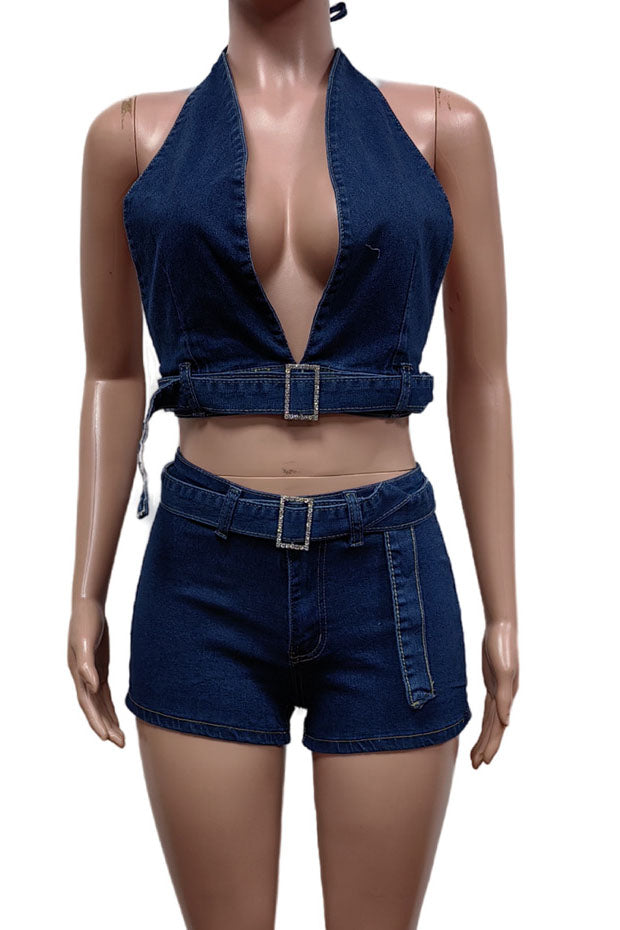 Denim Halter Stretch Shorts Set Lavish Daily