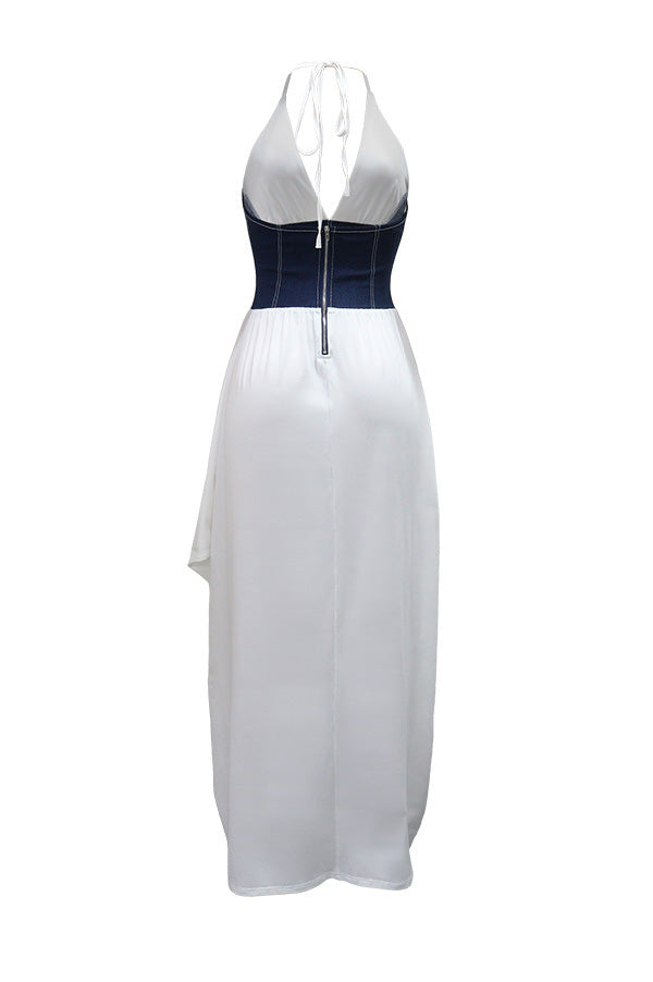 Slim Fit Denim Patchwork Deep V Slit Dress Lavish Daily