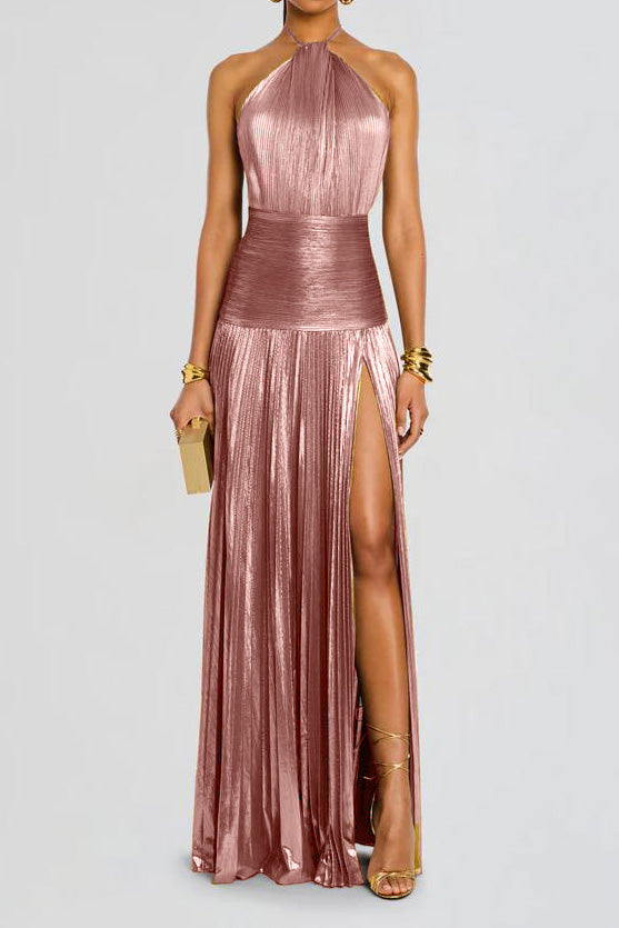 Metallic Pleated Halter Tie Split Dress Lavish Daily