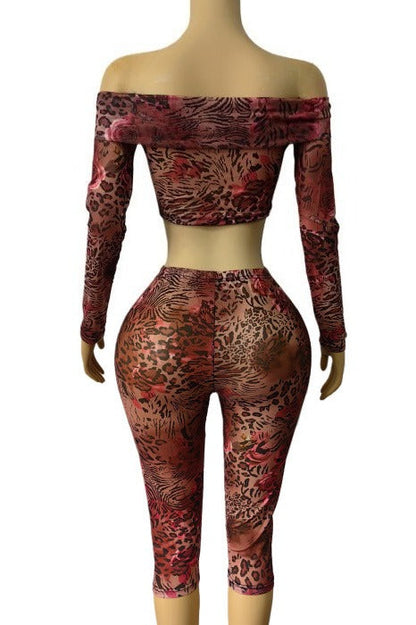 Off Shoulder Mesh Top and Capri Pants Set Lavish Daily