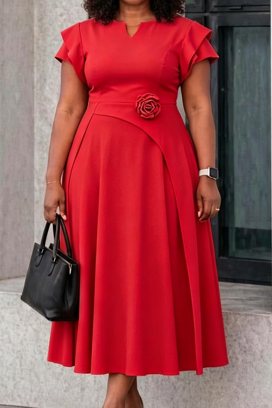 3D Floral Notched Neck A-Line Midi Dress Lavish Daily