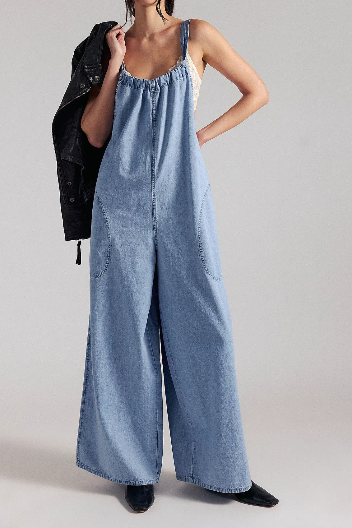 Slouchy Tie-Back Wide Leg Denim Jumpsuit Lavish Daily