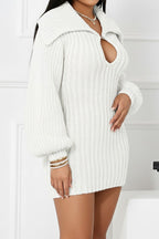 Fold Over Collar Lantern Sleeve Knit Dress Lavish Daily